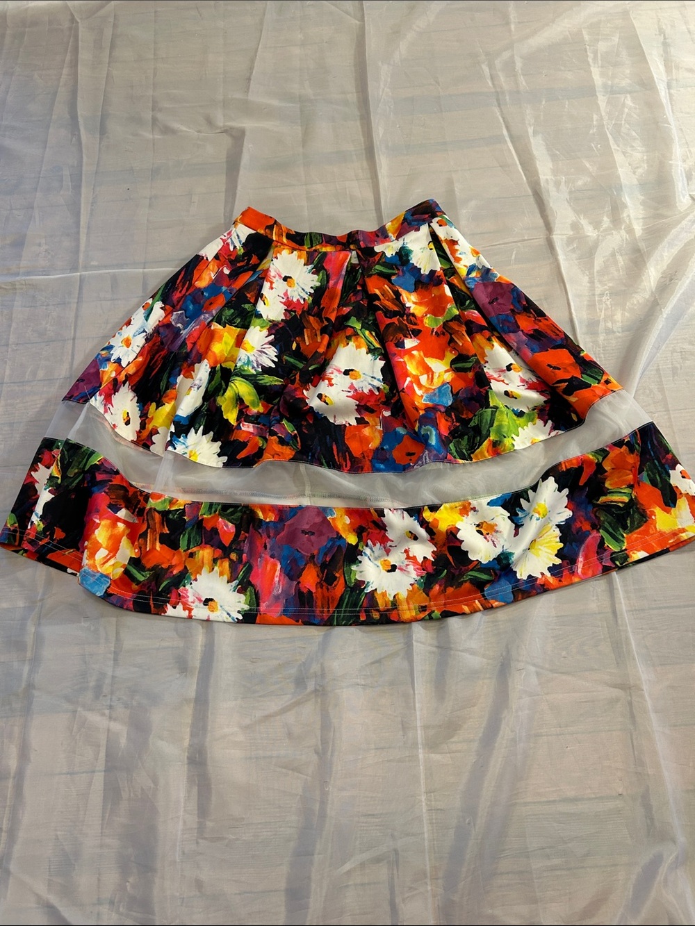 Floral A-Line Skirt with Sheer Panel - Multicolor